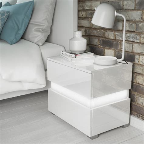 Sense White High Gloss Bedside Table With Led Light Furniture123