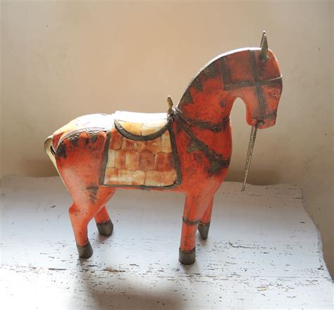 Ancien Cheval En Bois Sculpt Laiton Nacre Vintage French Finds