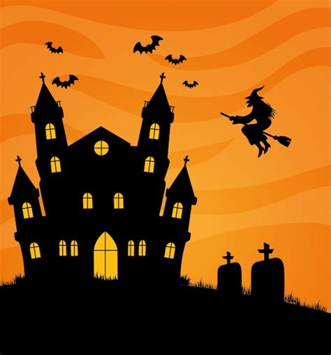 Banner De Feliz Halloween Con Castillo Embrujado Murci Lagos Y Brujas