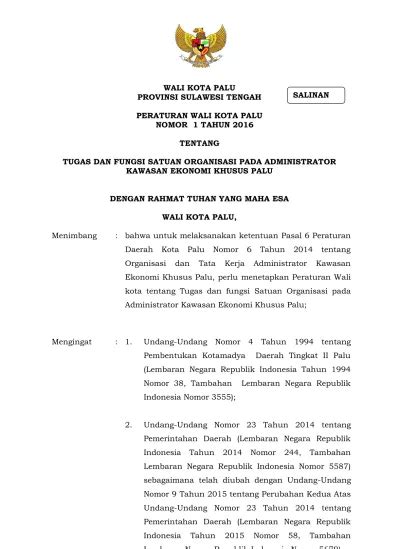 WALI KOTA PALU PROVINSI SULAWESI TENGAH PERATURAN WALI KOTA PALU NOMOR