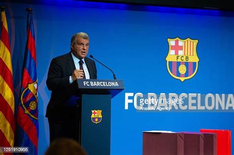 Barcelona President Joan Laporta gives a press conference while... News ...