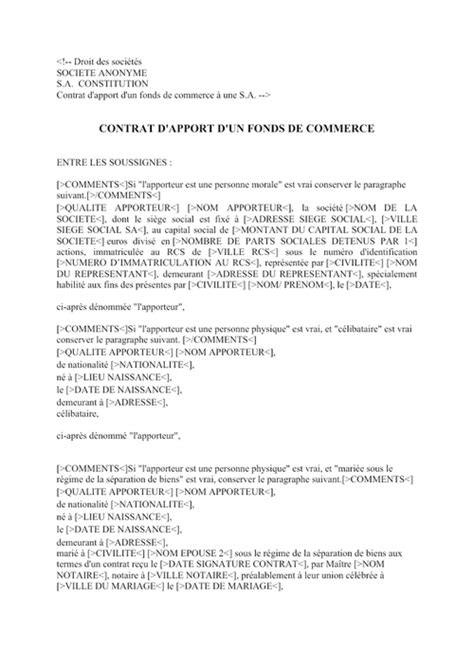 Contrat Dapport Dun Fonds De Commerce à Une Sa Document Et Modèle