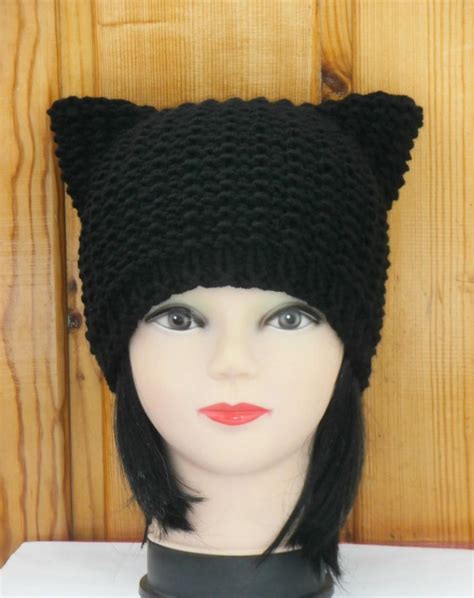 Black Cat Hat Knit Cat Ear Hat Or Cat Beanie Womens Cat Hat Wool