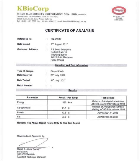 Zeed Snack - Certificate of analysis untuk produk kami