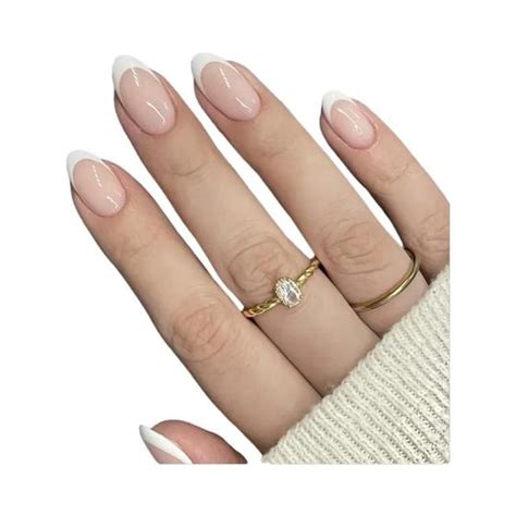 Conjunto De Unhas Postiças Estilo Francês Ponta Branca Nude Natural Brilhantes Para