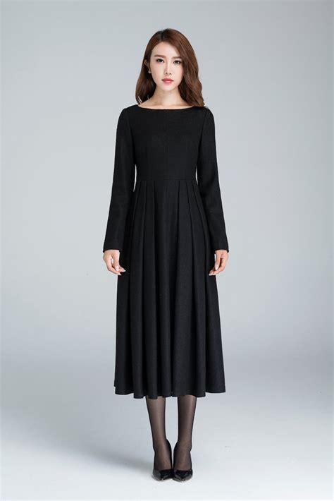 Black Winter Midi Wool Dress Boat Neck Pleated Dress Long Etsy