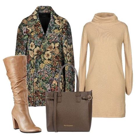 Outfit Composto Da Cappotto Jacquard Vestito In Maglia Con Collo Alto