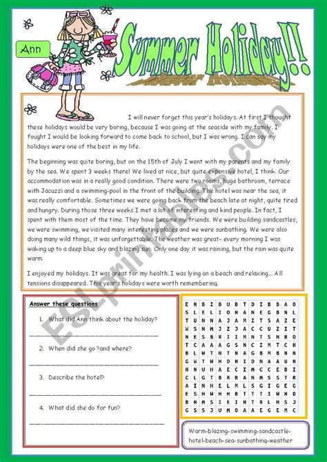 Summer Holiday Esl Worksheet By Misstylady