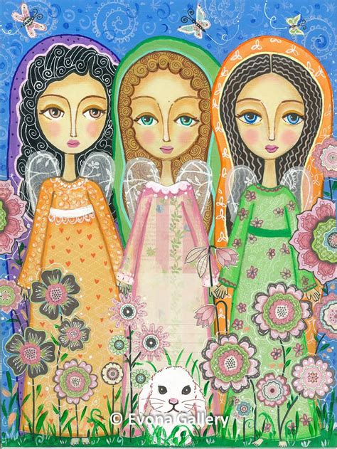 Folk Art Painting Three Beautiful Angels Print by Evonagallery ...