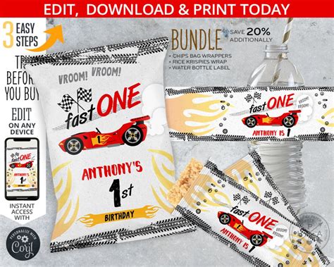 Fast One Race Car Bundle Chips Bag Rice Krispies Wrap Bottle Labels Racing Speed First 1st