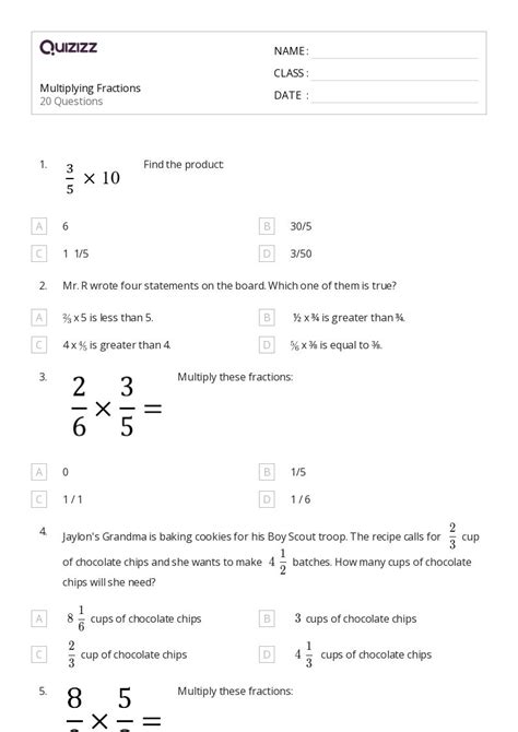 50 Multiplying Fractions Worksheets For 6th Grade On Quizizz Free