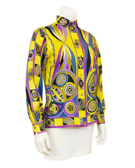 1970s Emilio Pucci Yellow Blue And Purple Printed Silk Shirt For Sale