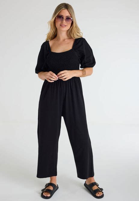 Womens Black Puff Sleeve Shirred Jumpsuit Peacocks