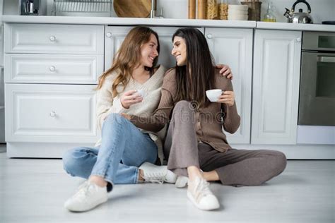 Side View Of Lesbian Women Holding Stock Photo Image Of Drink