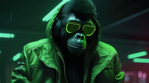 Premium AI Image A Chimpanzee Wearing A Neon Green Cyberpunk Jacket