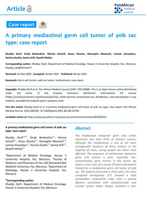 Pdf A Primary Mediastinal Germ Cell Tumor Of Yolk Sac Type Case Report