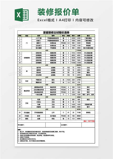 清单家庭装修主材报价清单excel模板下载图客巴巴