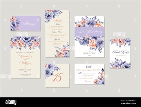 Wedding Invitation Set Watercolor Purple And Peach Floral Template Card