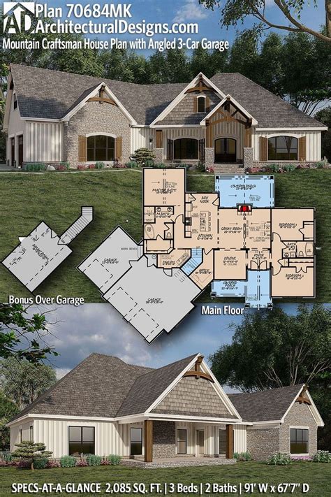 Plan 70684MK: Mountain Craftsman House Plan with Angled 3-Car Garage ...