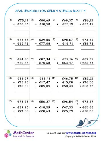 Spaltenaddition Euro Geld 4 Stellig Blatt 4 Arbeitsblätter Math Center