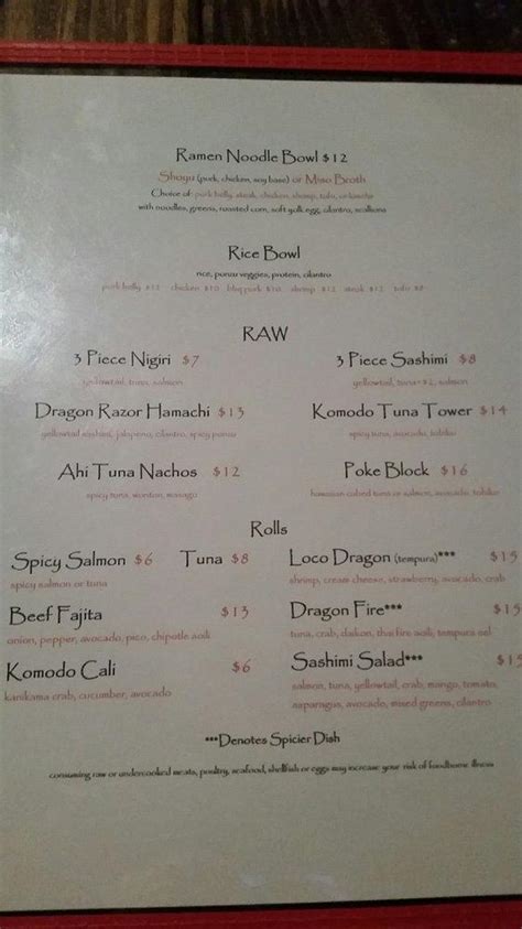 Menu at Komodo Loco restaurant, Denton