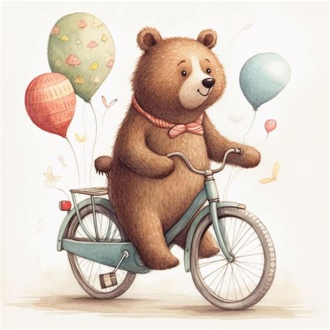 Hay Un Oso Andando En Bicicleta Con Globos Y Una Corbata De Lazo Ai