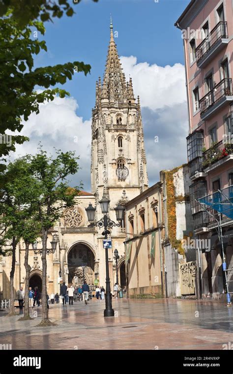 Cathedral Square In Oviedo Asturias Spain The Holy Church Basilica