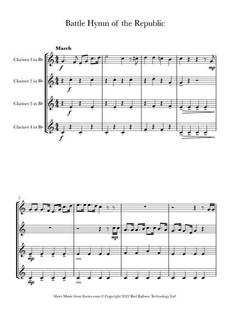 Howe The Battle Hymn Of The Republic Sheet Music For Clarinet Quartet