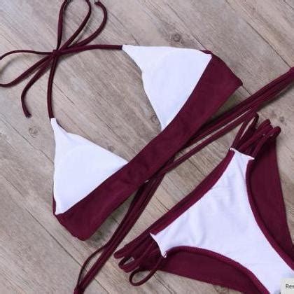Sexy Women Pure Color Red Back Knot Bottom Hollow Two Piece Bikini On Luulla