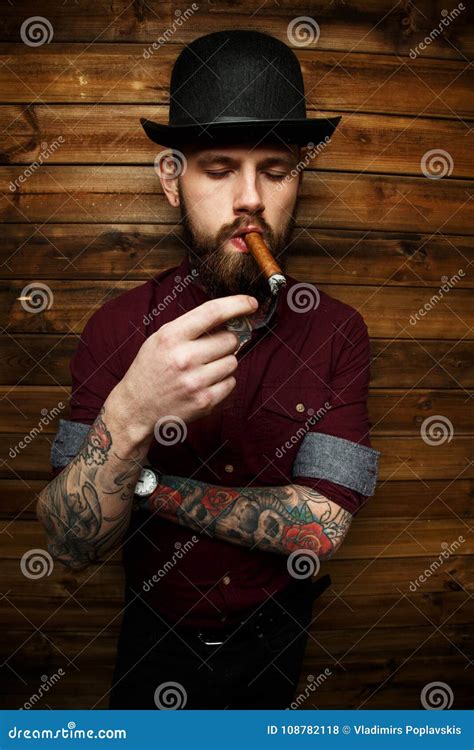 Brutal Tattooed Male With Cigar Stock Photo Image Of Attractive