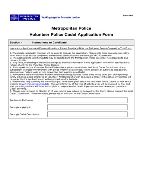 Metropolitan Police Volunteer Police Cadet Application Form Free Download