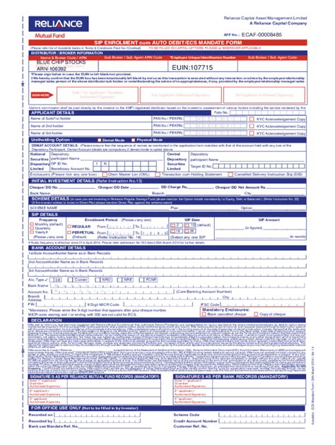 Fillable Online Reliance Sip Application 5 10 15 Pdf Fax Email Print