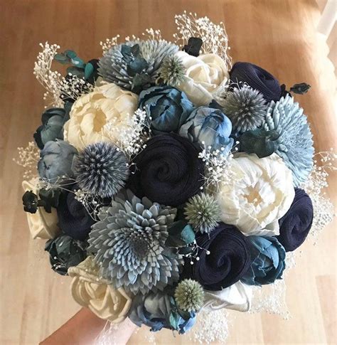 Wedding Bouquet, Sola Wood Flowers , Navy Blue, Dusty Blue, Light Blue ...