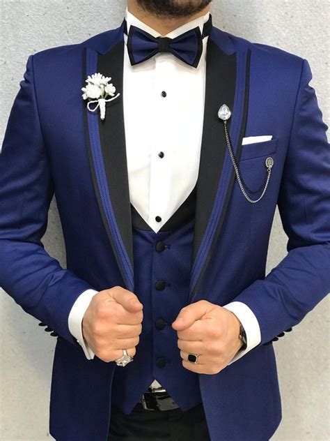 Buy Blue Slim Fit Peak Lapel Tuxedo By