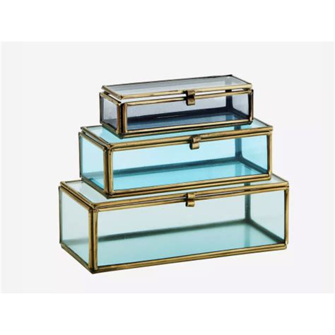 Set Of 3 Blue Glass Boxes Small Glass Box Trinket Glass Box Glass Storage Box