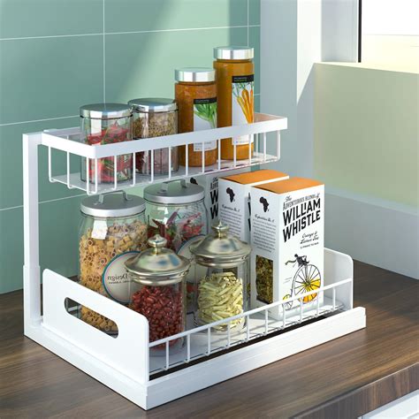 Bukfen Under Sink Organizer Pull Out Cabinet Organizer 2 Tier Slide Out Sliding Shelf Under