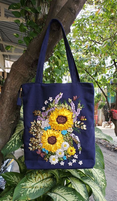 Embroidered Tote Bag With Zipper Unique Ribbon Embroidery Etsy