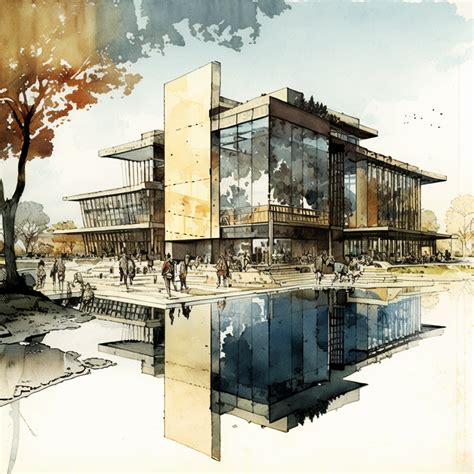 An Artistic Rendering Of A Building Next To A Body Of Water With People