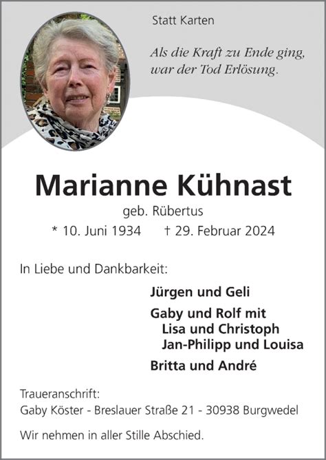 Traueranzeigen von Marianne Kühnast noz Trauerportal