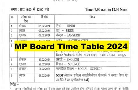 MP Board Time Table 2024 MPBSE 10th 12th Date Sheet On Mpbse Nic In