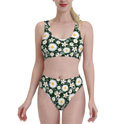 Adobk White Daisies And Bee Print Women High Waisted Bikini Set Sports