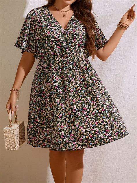 Shein Vcay Plus Ditsy Floral Print Surplice Neck Dress Shein Usa