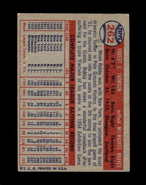 1957 Topps Set Break 262 Bobby Thomson VG VGEX Crease GMCARDS EBay