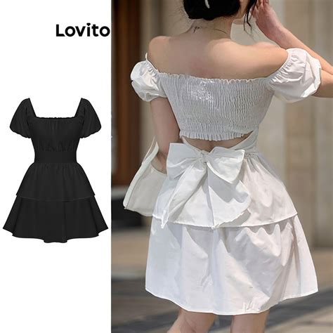 Lovito Casual Plain Tiered Layer Puff Sleeve Dress For Women L Ed