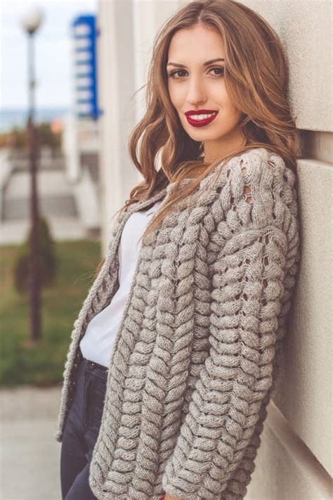 Pretty Woman Is Wearing Cozy Knitted Sweater Stock Image Image Of