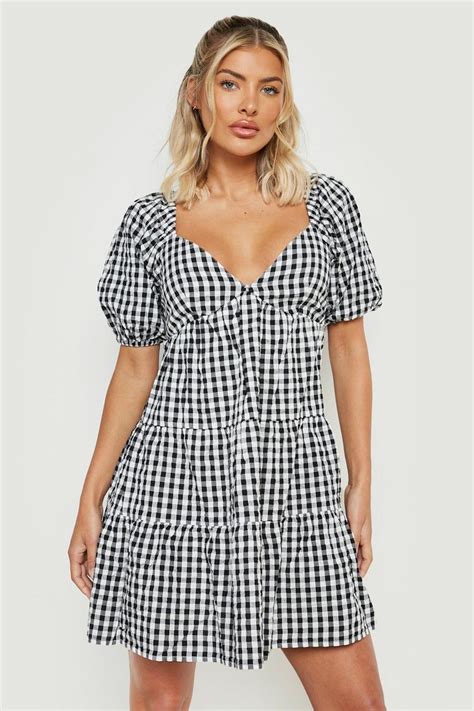 Gingham Tiered Smock Dress Boohoo Uk