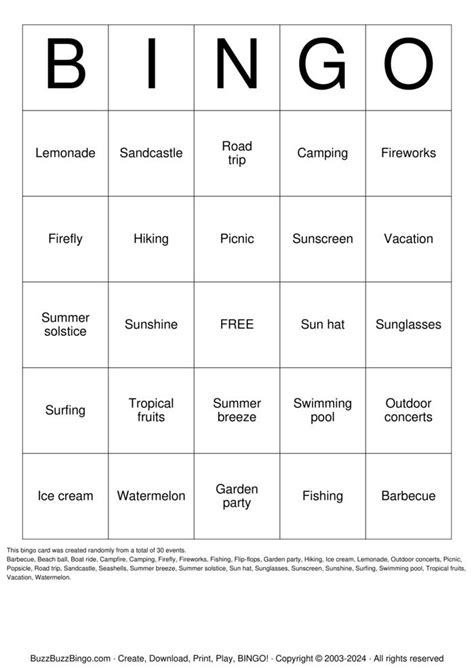 Fun In The Sun Bingo Card