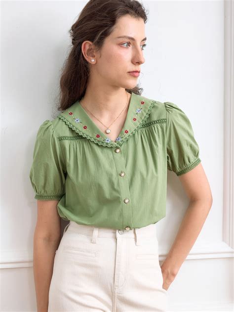 Simple Retro Floral Embroidery Puff Sleeve Shirt Sleeve Cotton Puff