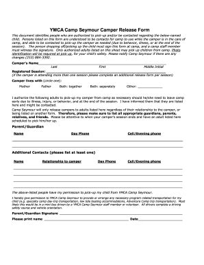 Fillable Online Ymca Camp Lake Helena Camper Release Form Ymca Camp