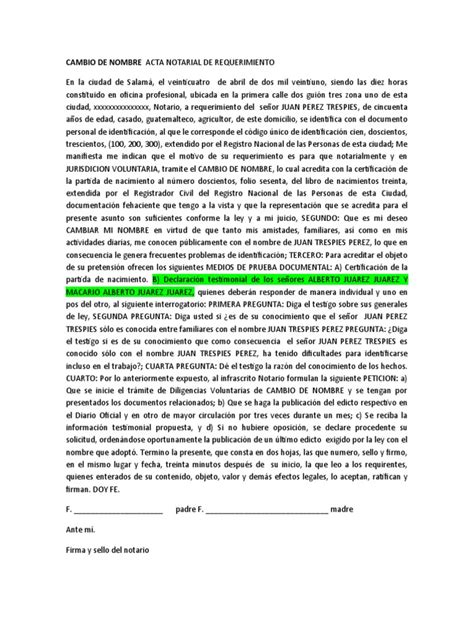 Cambio De Nombre Acta Notarial De Requerimiento Pdf